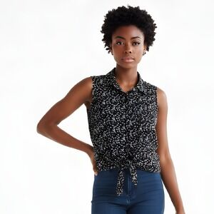 Whimsical Swallow Bird Sleeveless Collared Button Front Blouse‎ Top Womens M